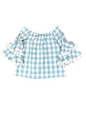 Vava by Joy Han Blue White Gingham Off Shoulder Ruffle Top Pom Pom Trim Medium